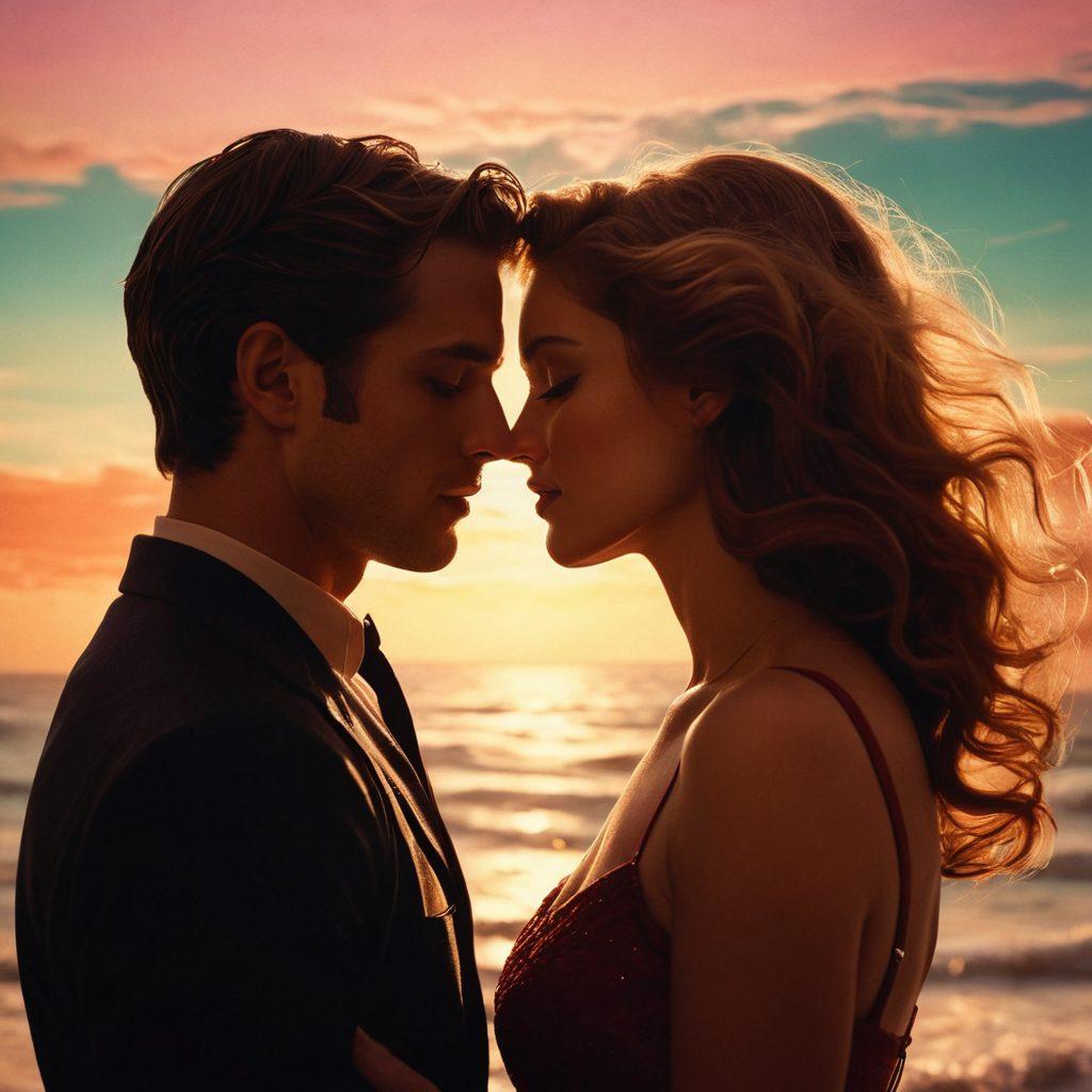 A captivating scene depicting an intimate moment between two lovers, with soft warm lighting and delicate shadows enhancing their silhouettes. The background showcases abstract waves of color representing passion, while subtle film reels intertwine throughout the composition. Include a hint of vintage cinema to evoke a sense of nostalgia. vibrant colors. super-realistic. cinematic atmosphere.