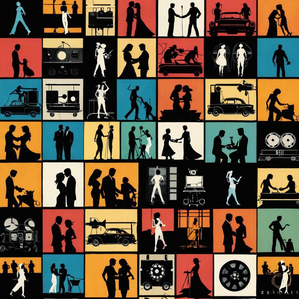 A visually striking collage illustrating the progression from softcore to hardcore erotic cinema, featuring iconic scenes and vintage film reels intertwined with modern cinematic elements. Include silhouettes of diverse couples in passionate embraces, film clapperboards, and vivid colors that evoke sensuality. Create a balance between subtlety and boldness to represent the spectrum of eroticism. vibrant colors. collage style. retro-futuristic.