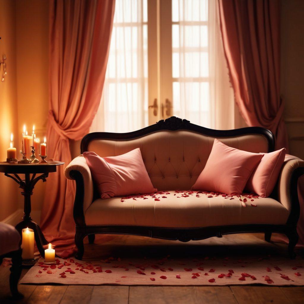 A cinematic scene depicting a warm, intimate setting with softly lit candles and a plush loveseat, where two silhouettes can be seen sharing a close moment. The background includes artistic elements that suggest romance and connection, like flowing drapes and scattered rose petals. The image should radiate a sense of passion and intimacy, engaging the viewer's heart. super-realistic. warm tones. soft focus.